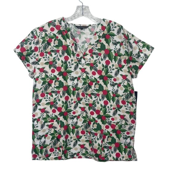 Cassandra O Holiday Print Scrub Top Shirt Womens Small Red Green New - Picture 1 of 9